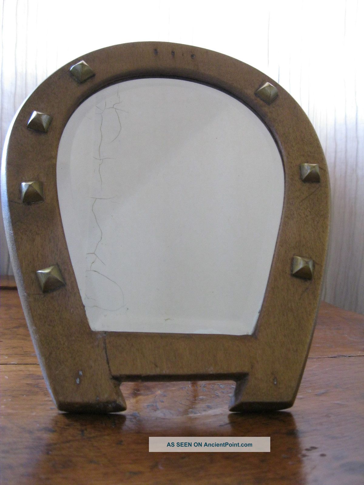 Antique Wood Horseshoe Beveled Glass Shaving Mirror With 7 Brass Knobs Mirrors photo