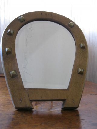 Antique Wood Horseshoe Beveled Glass Shaving Mirror With 7 Brass Knobs photo