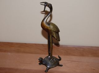 Old Japanese Solid Bronze Of Stork/crane Standing On Turtle Incense Burner See photo