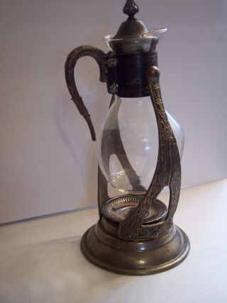 Vintage Corning Glass Tea Pot Coffee Pot Carafe Ornate Silverplate Stand Warmer photo