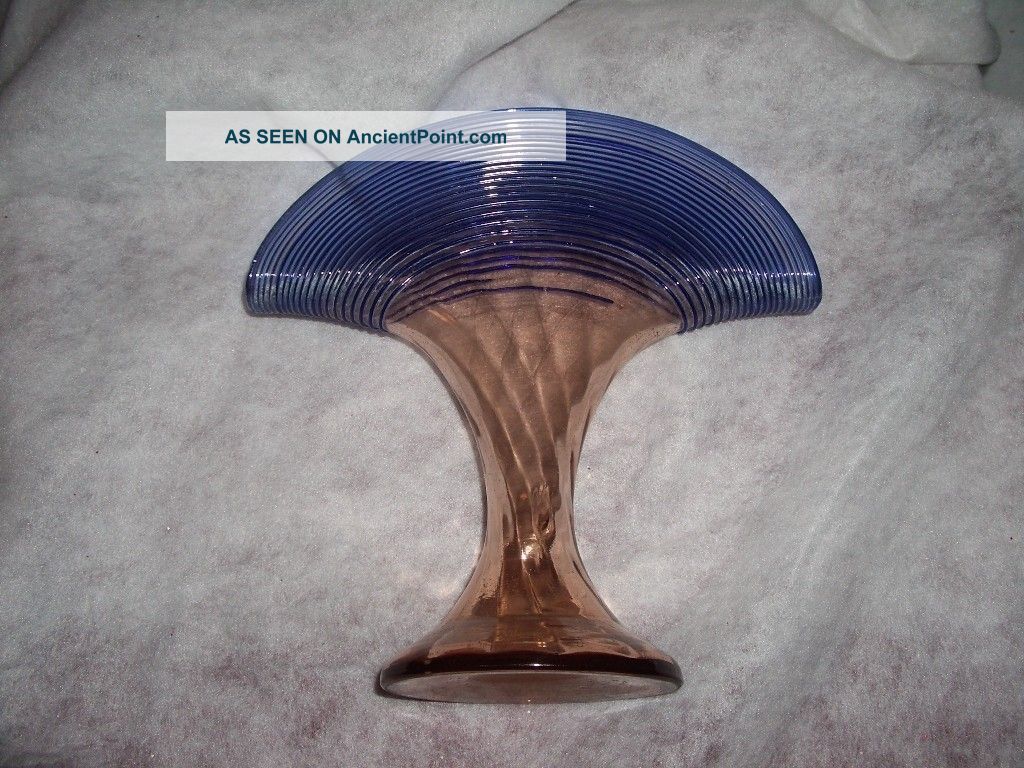 Bohemian Kralik Fan Vase Threaded Czech Cobalt Vases photo