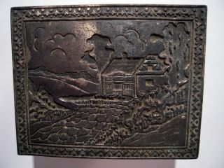 Antique Japanese Carved Pewter Box Wooden Lined / Sign photo