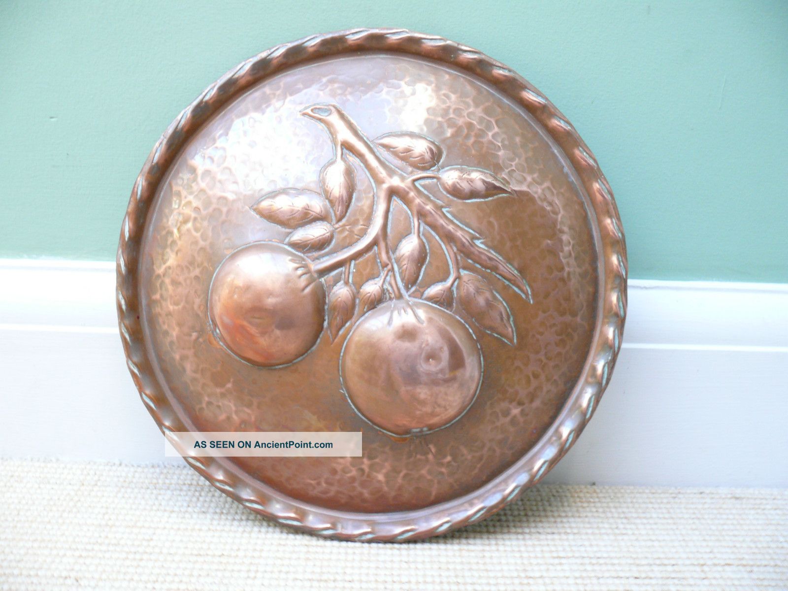 19thc Arts & Crafts Copper Charger With Apples Metalware photo
