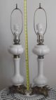 Antique French White Opaline Glass Ornate Bronze Banquet Table Lamp W/ Shades Lamps photo 11