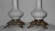 Antique French White Opaline Glass Ornate Bronze Banquet Table Lamp W/ Shades Lamps photo 4