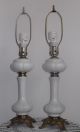 Antique French White Opaline Glass Ornate Bronze Banquet Table Lamp W/ Shades Lamps photo 5