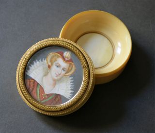 Refined Collectable C.  1800 Ox Bone Box Painted Miniature photo