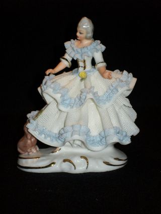 Antique German Porcelain Dresden Lace Lady And Dog Victorian Figurine photo