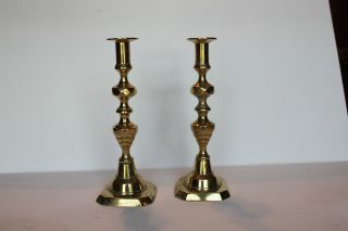 Pair English Push - Up Brass Candlesticks 19th Century Signed Fred Smith & Co. photo