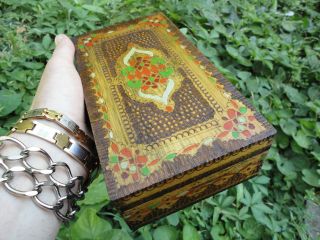 Antique Rare Wooden Jewelry Box Handmade Hand Painted Pokerwork Art 19th Century photo