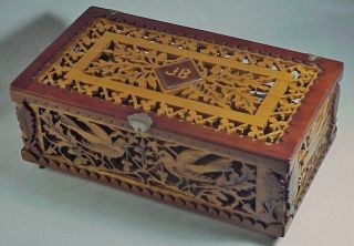 Antique Victorian American Wood Fretwork Carved Jewel Box Rare Birds & Oak Leaf photo