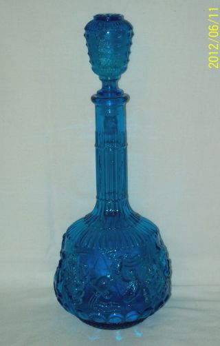 Vntg.  Elegant Glass Zodiac Italian Glass Decanter W/stopper Teal Blue photo