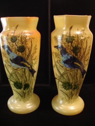 Pair Of Antique Legras French Enamel Decorated Glass Vases - Signed photo