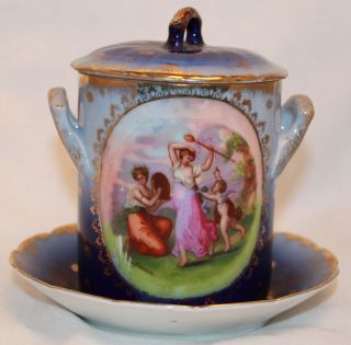 Victoria Austria Vintage Condensed Milk Jam Jar Lidded Cobalt Blue Gold Trimmed photo