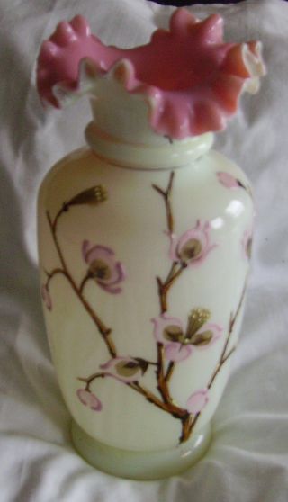 Antique Bristol Vase Victorian Art Glass Cased Body & Ruffled Edge Handpainted photo