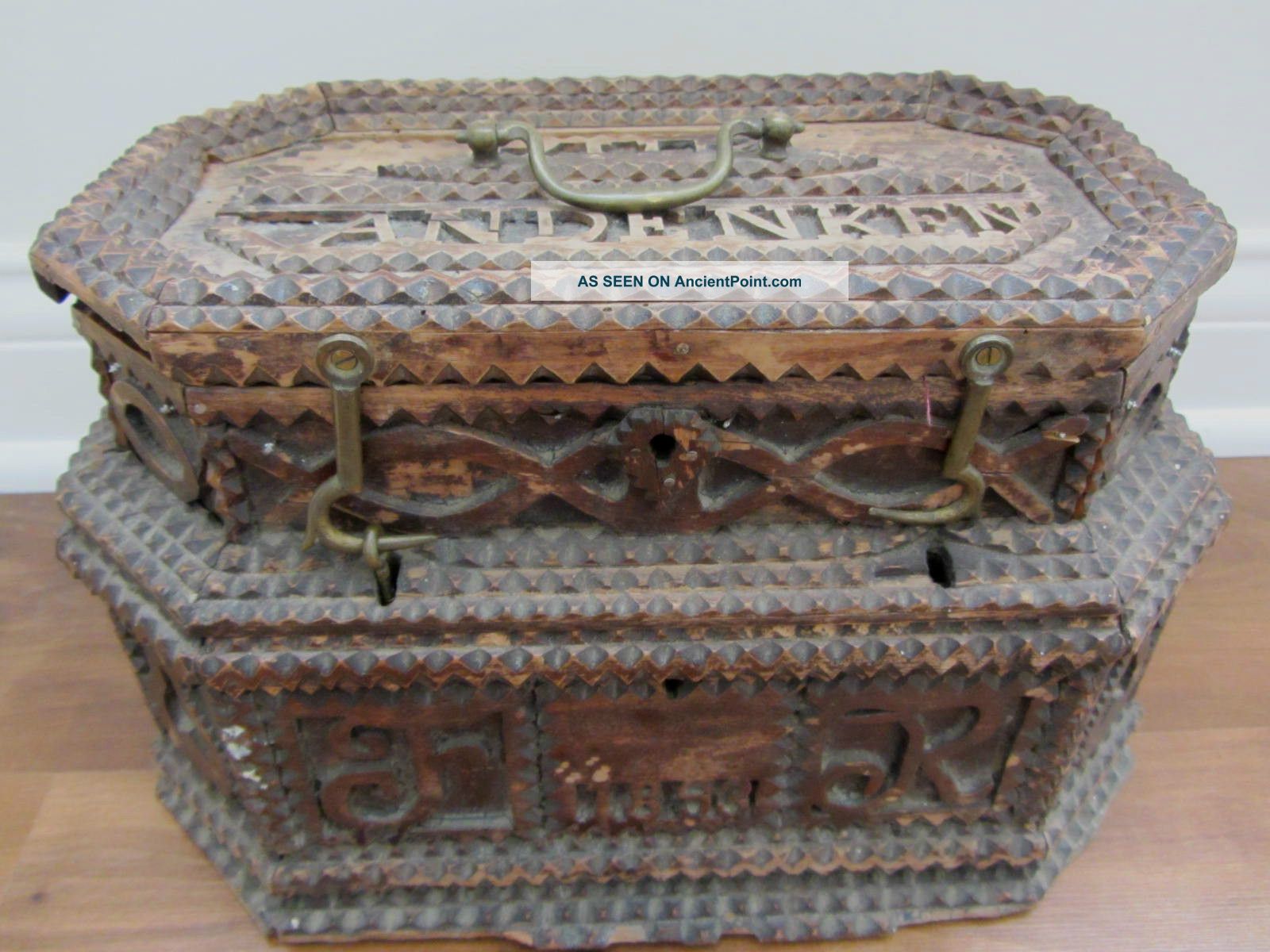 Antique 1893 Tramp Art Hand Carved Wood Double Layer Cigar Jewelry Box Boxes photo