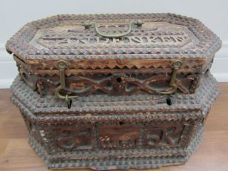 Antique 1893 Tramp Art Hand Carved Wood Double Layer Cigar Jewelry Box photo