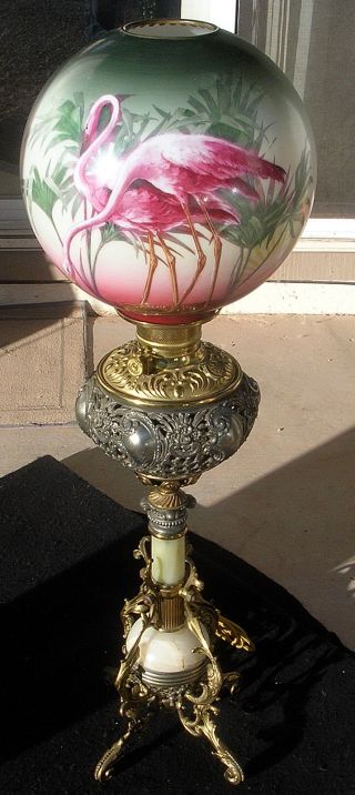 Antique Flamingos Florida Oil Lamp Victorian Era photo
