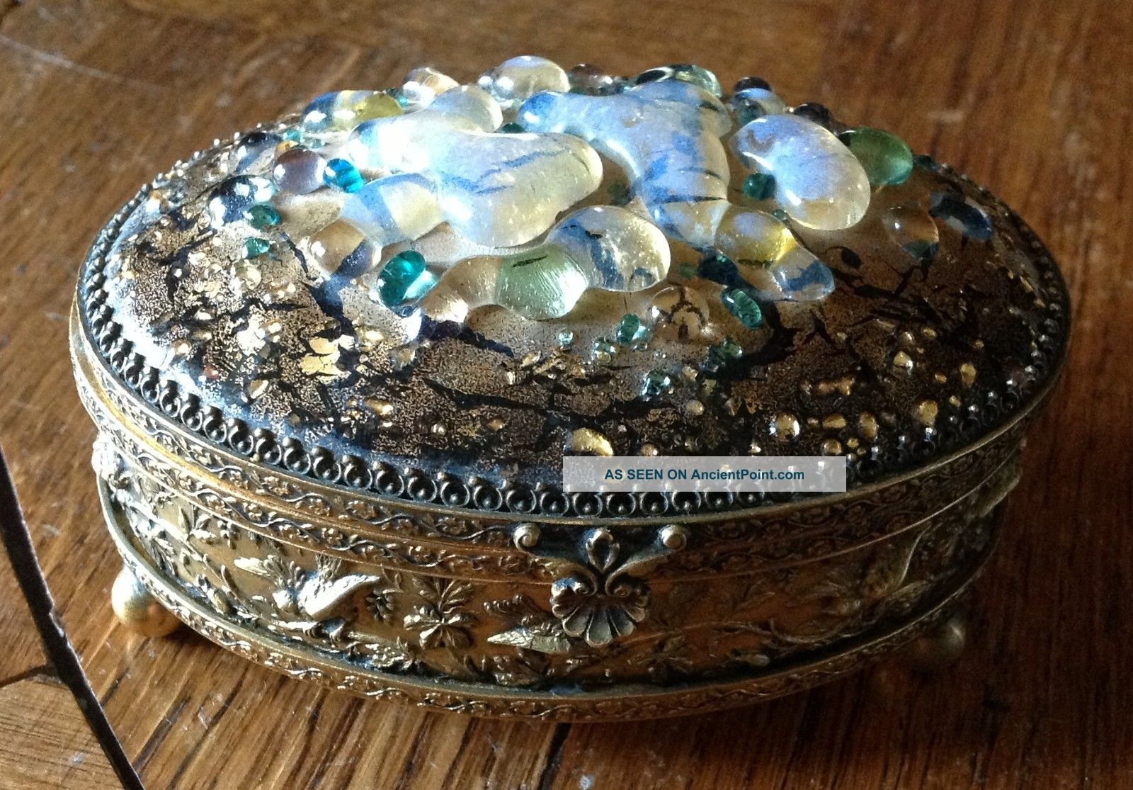 Mid Century Fused Glass And Gilt Bronze Jewel Box _ Signed Betourne Limoges Mirrors photo