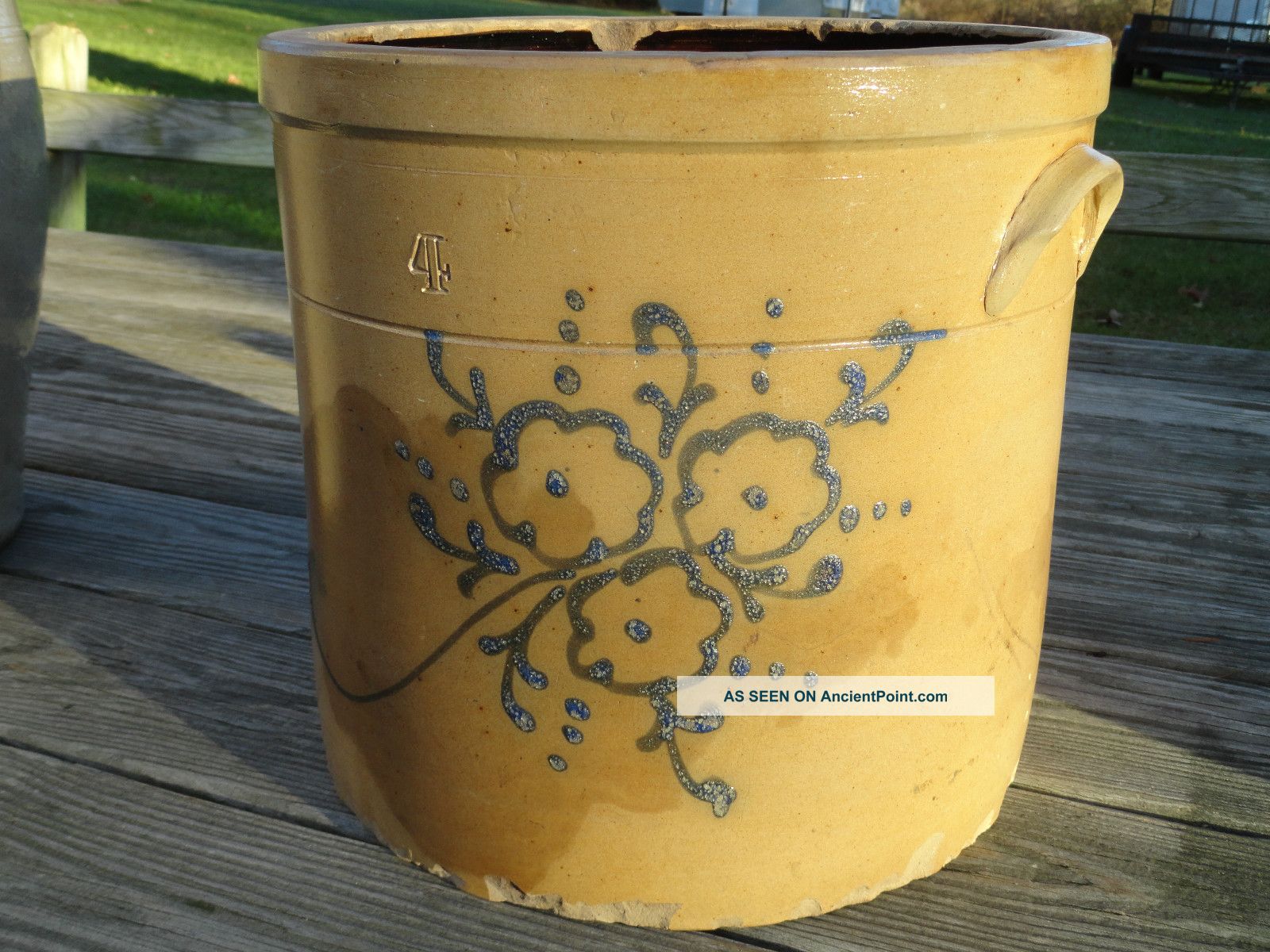Antique Stoneware 4 Gal.  Blue Decorated Crock Crocks photo
