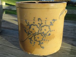 Antique Stoneware 4 Gal.  Blue Decorated Crock photo