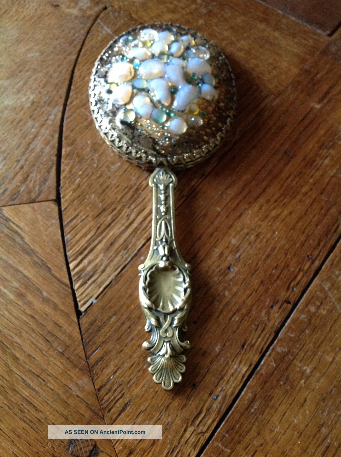 Mid Century Fused Glass And Gilt Bronze Hand Mirror _ Signed Betourne Limoges Mirrors photo