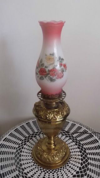 Antique Converted Aladdin Brass,  Kerosene Oil Lamp W/ Two Unique Glass Shades photo