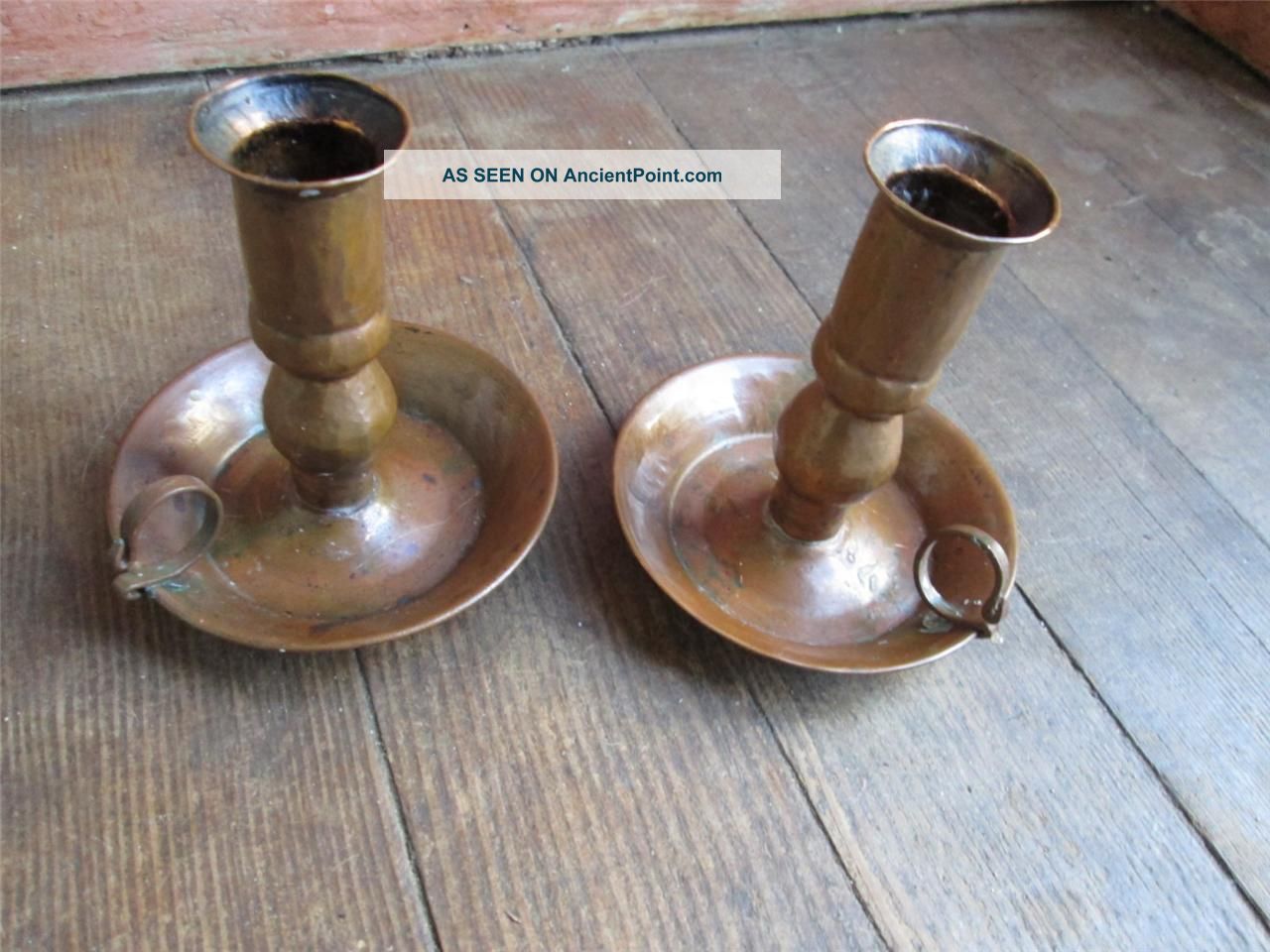 Antique Hammered Copper Candlesticks W Handles Mission Era Patina Metalware photo