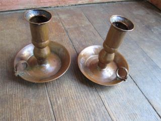 Antique Hammered Copper Candlesticks W Handles Mission Era Patina photo