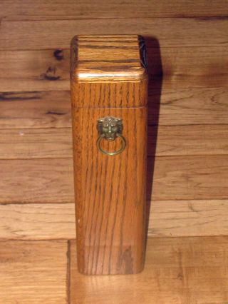 Vintage Large Rectangular Oak Match Box Holder With Brass Lion & Striker Plate photo