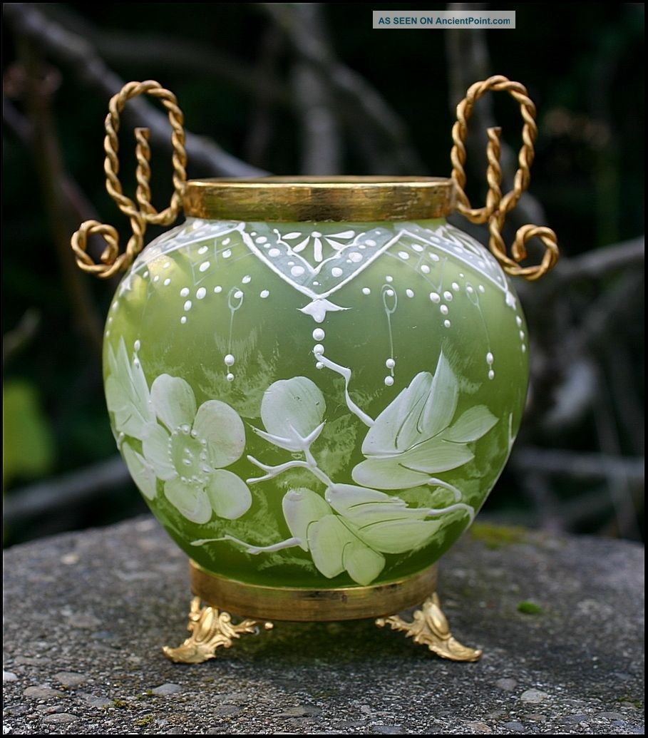Victorian Art Glass Vase Ormolu Mounted Hand Painted White Floral Vases photo