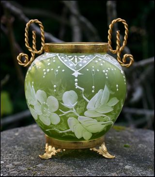 Victorian Art Glass Vase Ormolu Mounted Hand Painted White Floral photo