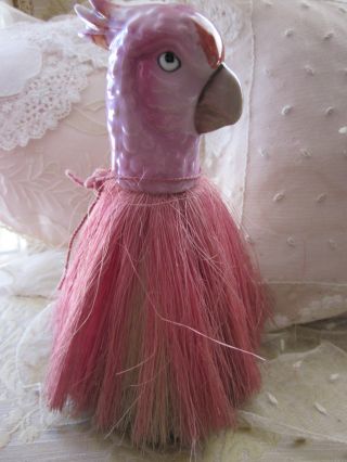 Very Unique Victorian Era Pink Porcelain Parrot With Pink Whisk Broom 7 
