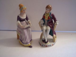 Vintage Victorian Figurines Seated Lady Reading Man Listening Gold Castle Japan photo
