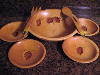 Vintage/antique Munising Salad Bowl Set And Servers Hand Painted Pine Cones photo