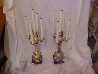 Antique Pair Of Marble Candelabras Silverplate 5 Arms Italian Lg 28 In photo