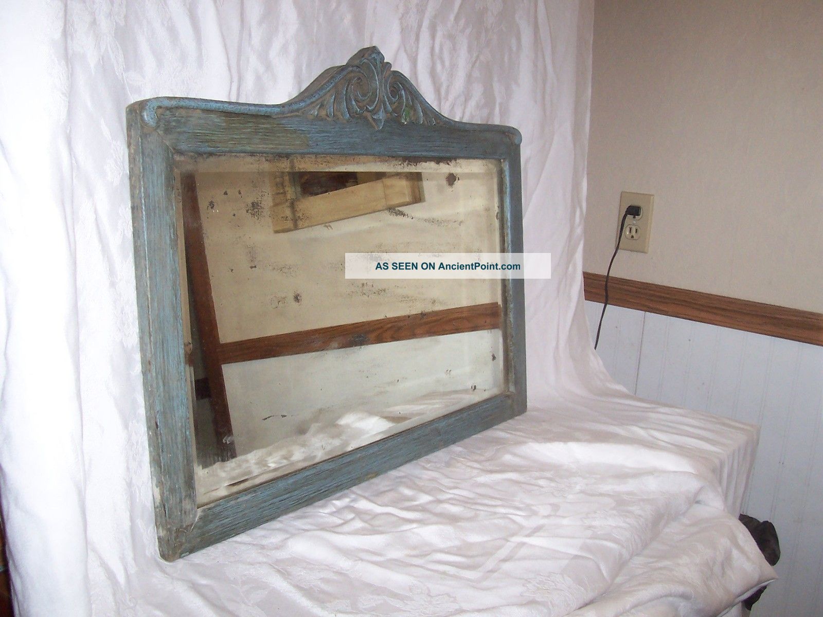Antique Primitive Blue Painted Beveled Mirror Old Shabby Mirrors photo