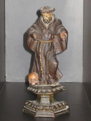Antique Wooden Statue,  Monk With Skull,  Memento Mori,  18th Century photo