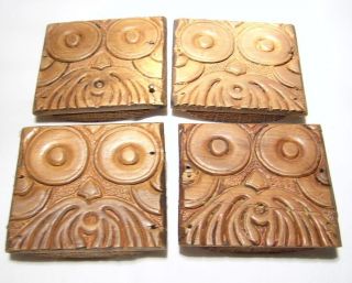 4 Carved Wood Tiles Stylized Face W/ Moustache C.  1930 ' S Parts Of Something 3 
