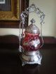 Victorian Antique Cranberry Pickle Caster With Tongs Jars photo 1