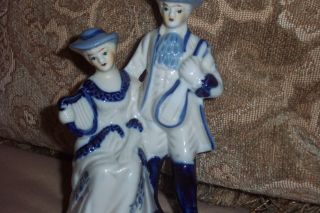 Vintage Germany German Figurine Couple Musicians Blue & White photo