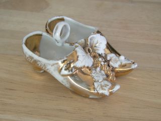 Antique Miniature Porcelain Shoes Present From The Crystal Palace London Gilt photo