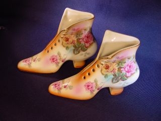 Matched Set: Victorian (?) Handpainted Porcelain Hightop Lace - Up Shoes photo