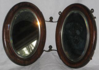 Antique Double Mirror Beveled - Folds (hinged) For Travel & Shaving Wood Frame‏ photo