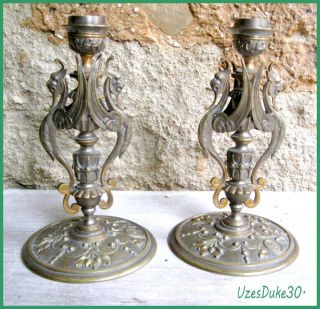French 1870s 2 Patina,  Bronze Candle Sticks Pair,  Neo Classicism,  Quality photo