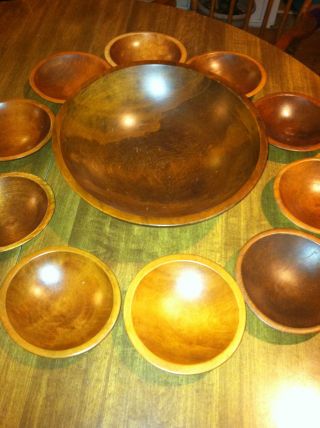 Vintage Large Wooden Bowl And Ten Bowls photo