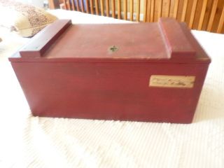 Antique Wooden Red Painted Wood Lock Box Chest Primitive Metal Side Handle photo
