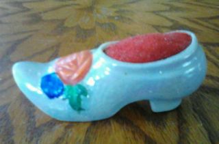 Vintage Alice Blue Tiny Pin Cushion Shoe W/red And Blue Flowers photo