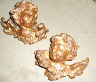 Pair Antique Gilded Wood Carved Angels photo