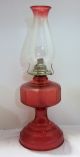 Antique Red Hurricane Oil Lamp Two - Tone Beaded Globe/chimney Eagle Burner Parts Lamps photo 3